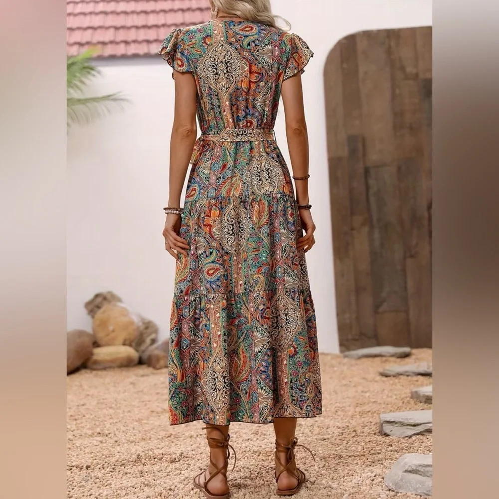 Floral Boho Faux V Neck Wrap Tie Midi Dress New Boutique - Picture 2 of 5